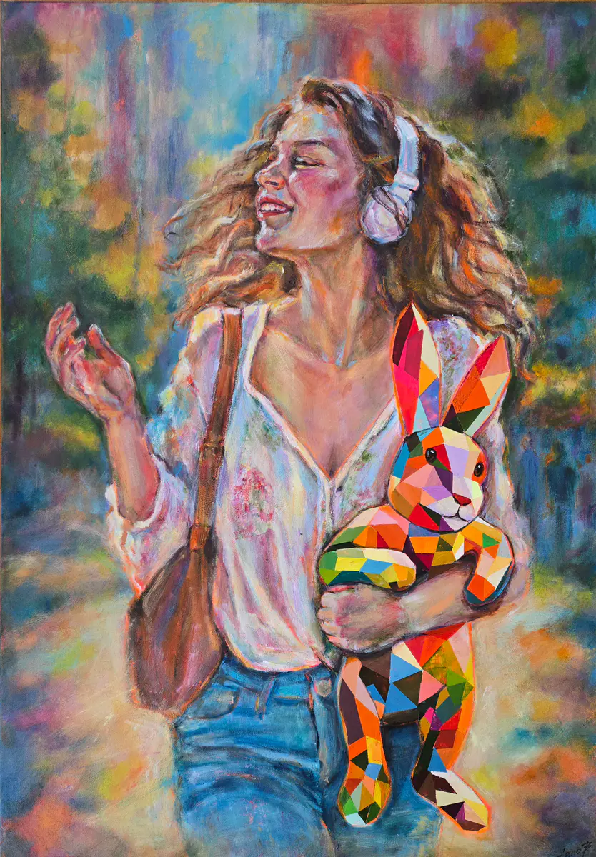 Lekfull Harmoni: Flicka med Färgglad Kanin - Akryl - Conceptual - 70×100 cm av Lana Blink