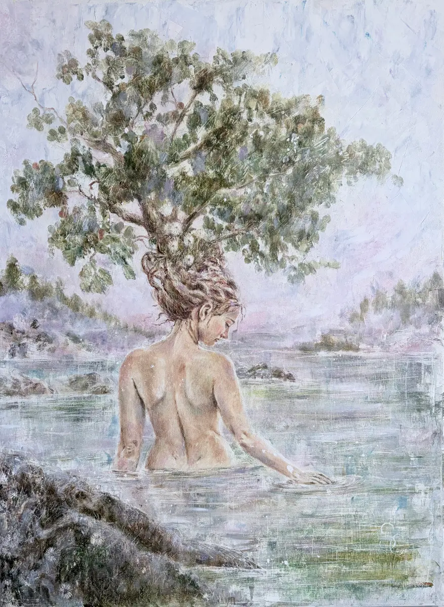 Ursprunget- Kvinna och natur - Olja - Figurative - 60×80 cm av Selene Caspian