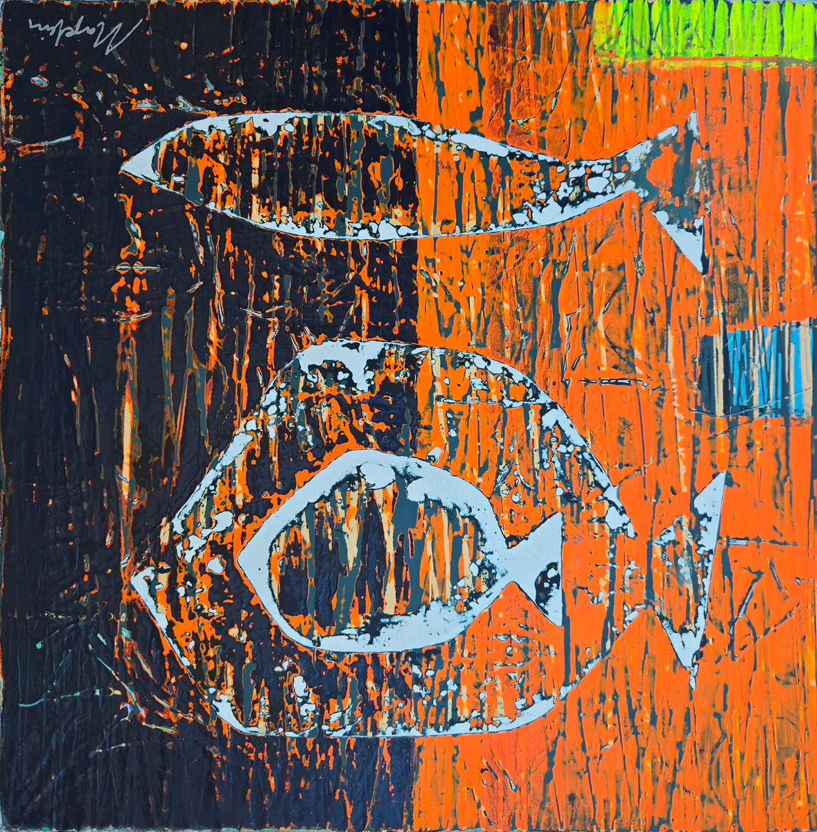 Fiskar i Rörelse: Orange och Blå - Olja - Abstract - 30×30 cm av Vadim Markin