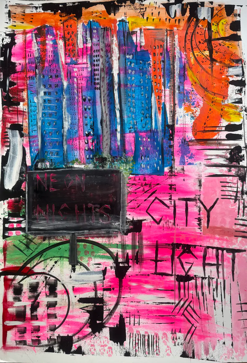 NEON NIGHTS - Akvarel - Abstract Expressionism - 70×100 cm af Monixx