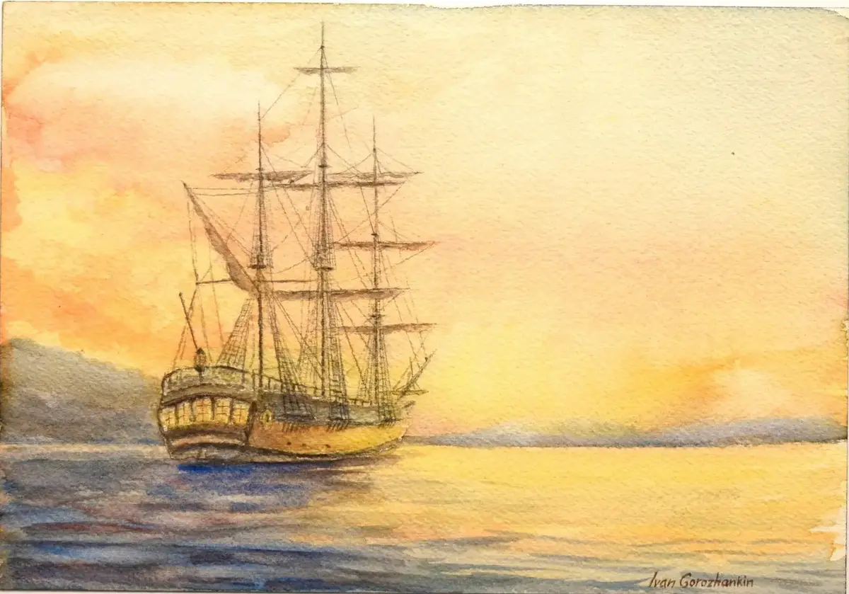 Skepp i solnedgång - Akvarell - Impressionism - 26×18 cm av Ivan Gorozhankin (såld)