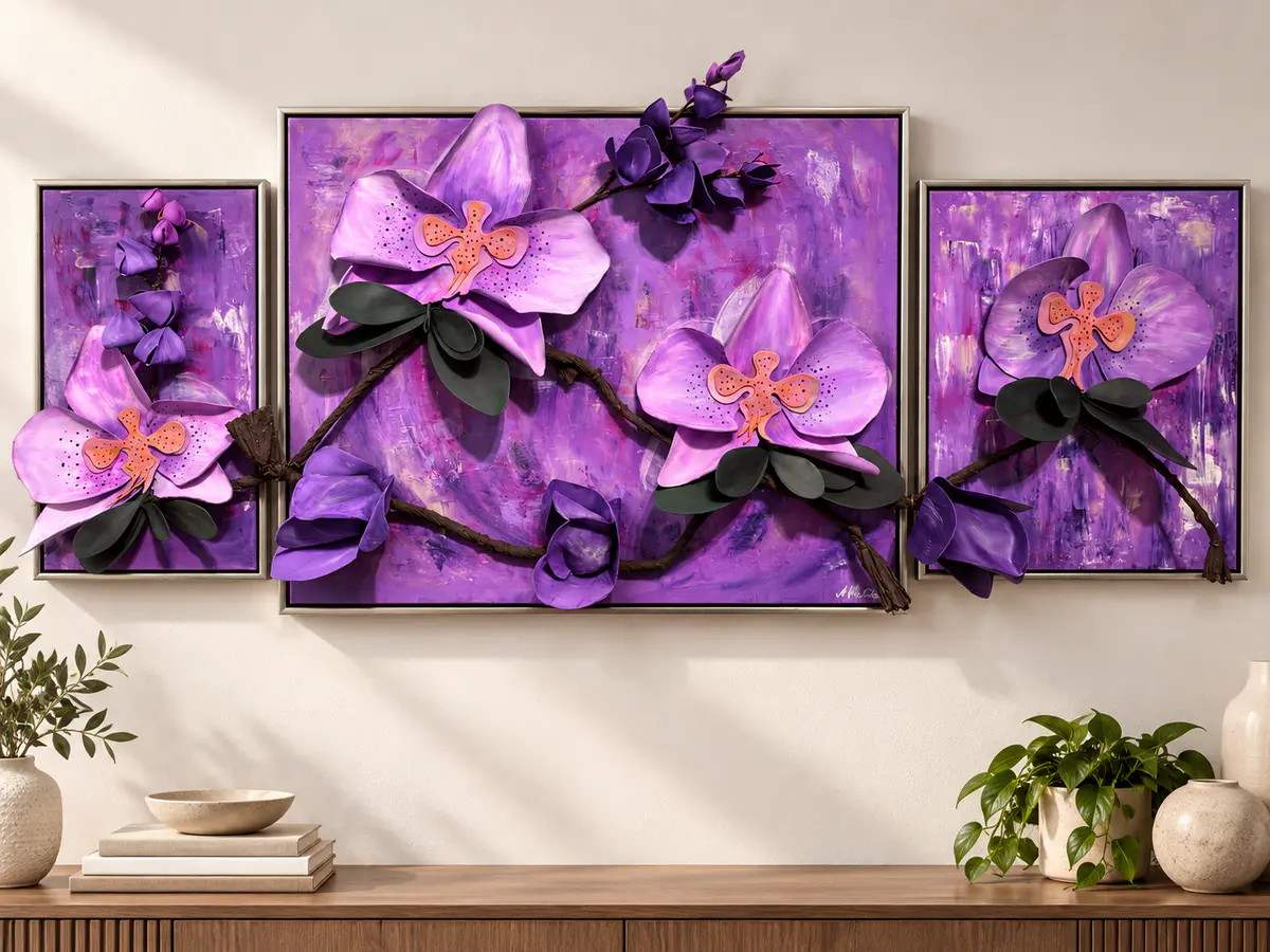 Orchid Reverie – Original 3D Floral Triptych - Akryl - Abstract av Agneta Malina