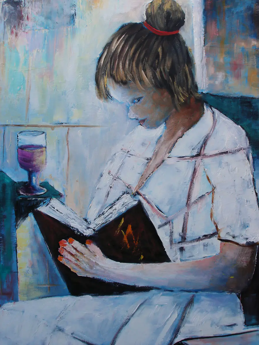 Egentid Vin och bok skapar spänning, olja på linneduk med vit list runt om 83 x 103 - Olja - Figurative - 52×72 cm av Stig Karlsson