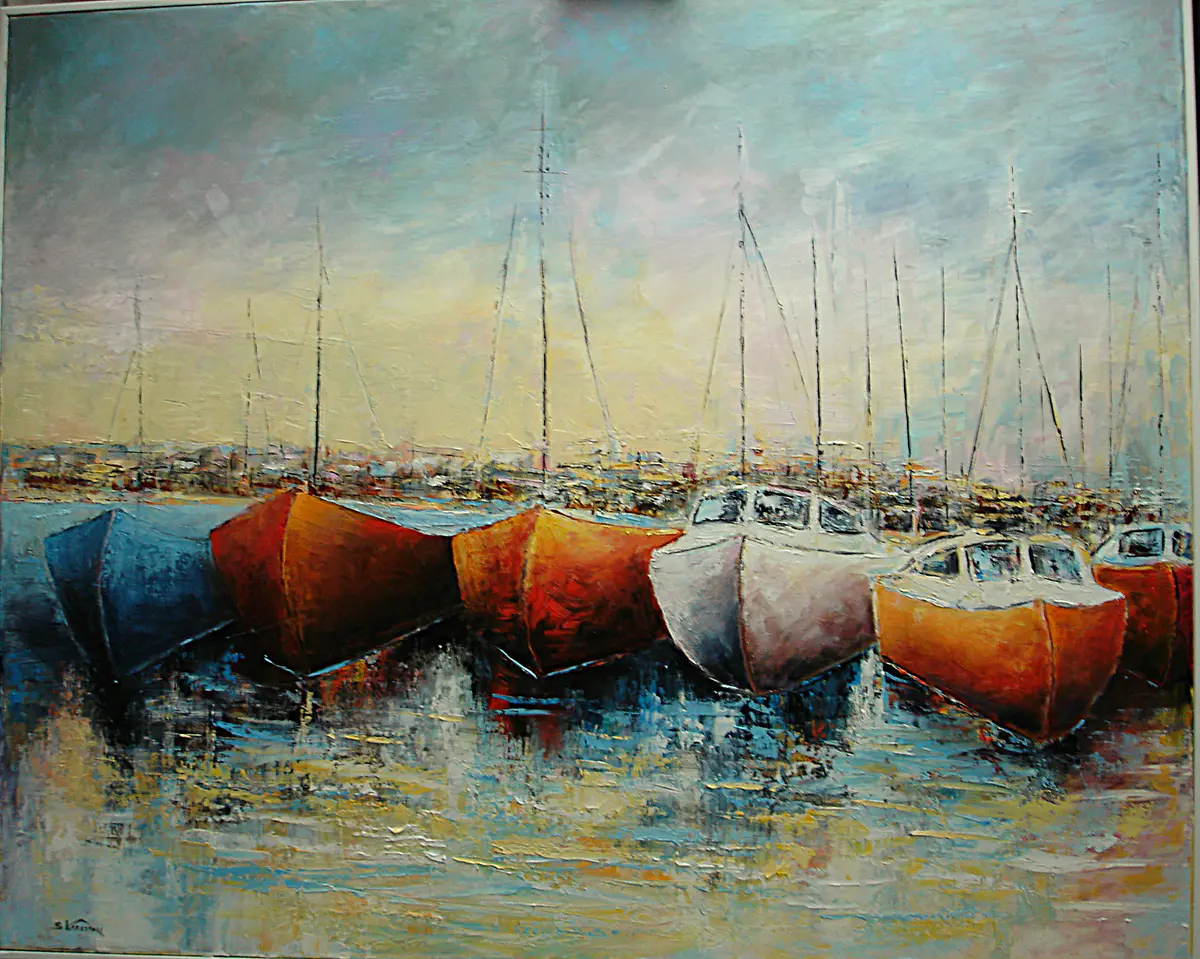 Båthamnen - Olja - Landscape - 103×84 cm av Stig Karlsson