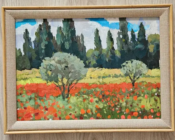Olive Trees and Poppy Bloom/ Framed thumbnail 2