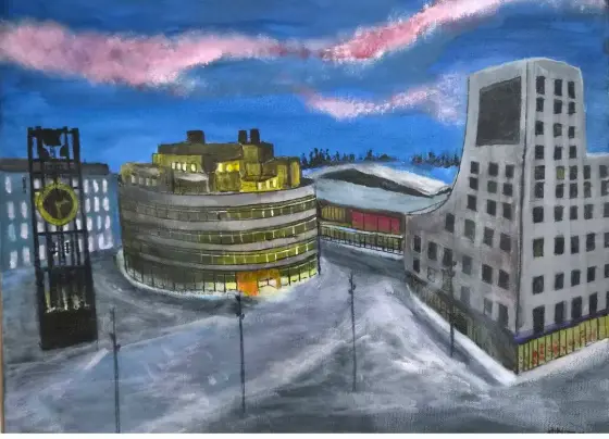 Norrsken över Kiruna nya centrum, - Akryl av Håkan Siggemo