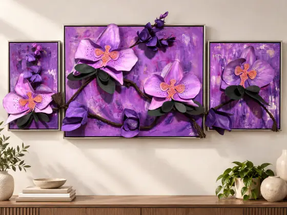Orchid Reverie – Original 3D Floral Triptych - Akryl av Agneta Malina