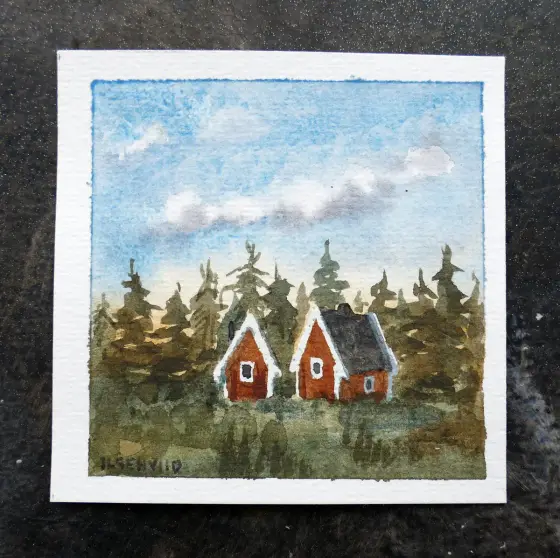 Stuga - Akvarell av Ilse Hviid